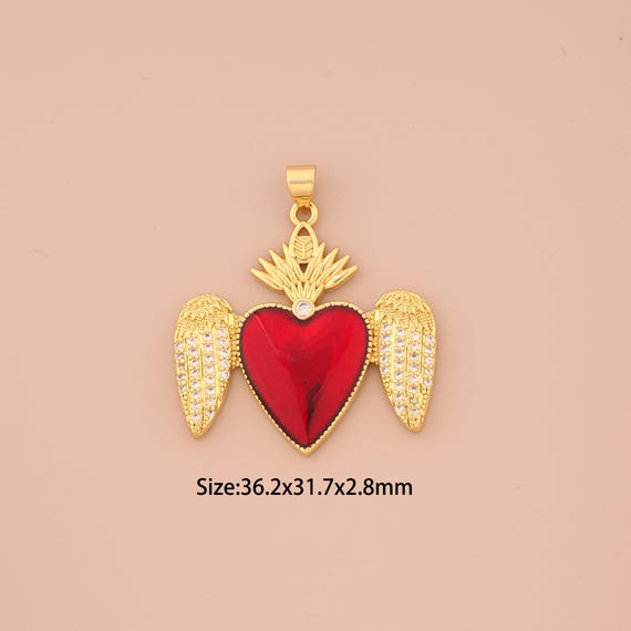 18K Gold Heart Charms,CZ Pave Angel Wing Charms Pendants,Heart Charm for DIY Jewelry Making Supply
