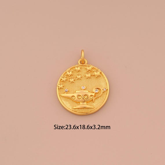 18K Gold Aladdin Magic Lamp Charms,CZ Pave Star Charms Pendants,Round Charm for DIY Jewelry Making Supply