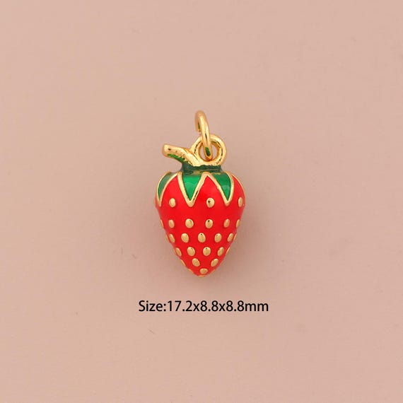 18K Gold Strawberry Charms,Enamel Fruit Charms Pendants,Strawberry Charm for DIY Jewelry Making Supply