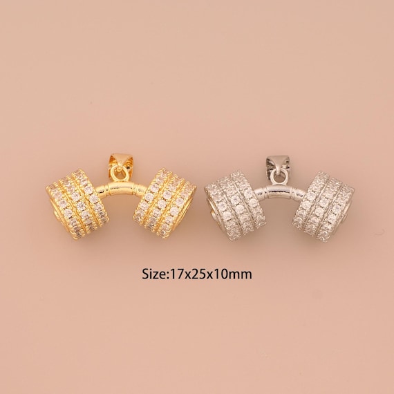 18K Gold Barbell Charms,CZ Pave Sports Charms Pendants,Fitness Charm for DIY Jewelry Making Supply