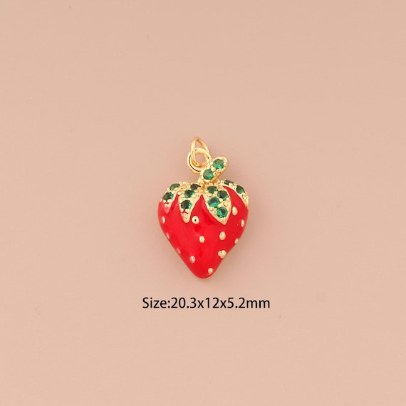 18K Gold Enamel Strawberry Charms,CZ Pave Fruit Charms Pendants,Strawberry Charm for DIY Jewelry Making Supply