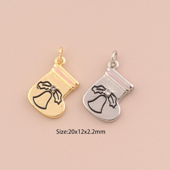 18K Gold Christmas Stocking Charms,CZ Pave Bell Charms Pendants,Enamel Christmas Charm for DIY Jewelry Making Supply