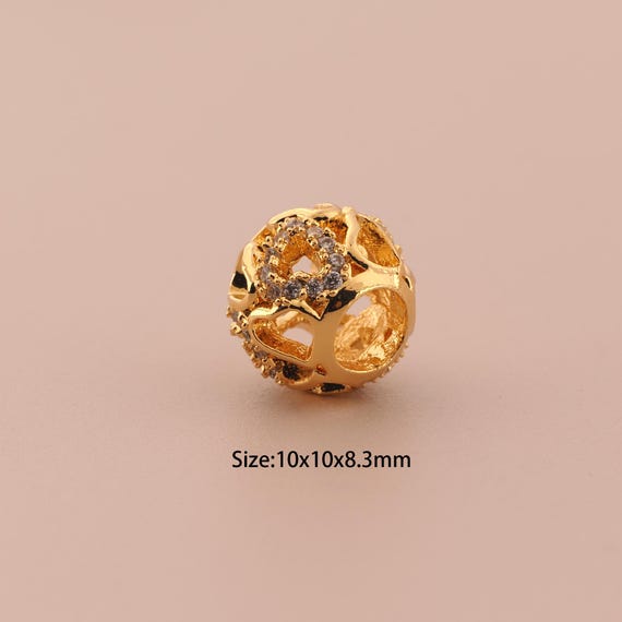 18K Gold Ball Spacer Bead,CZ Pave Large Hole Bead,Ball Bead for DIY Jewelry Making Supply