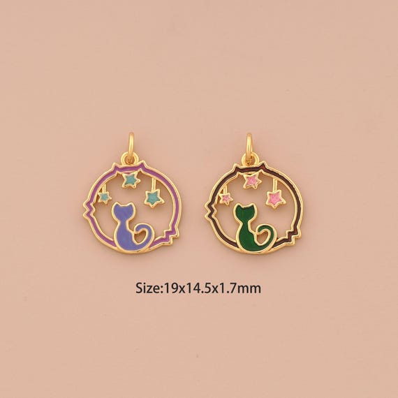 18K Gold Cute Cat Charms,Enamel Animal Charms Pendants,Star Charm for DIY Jewelry Making Supply