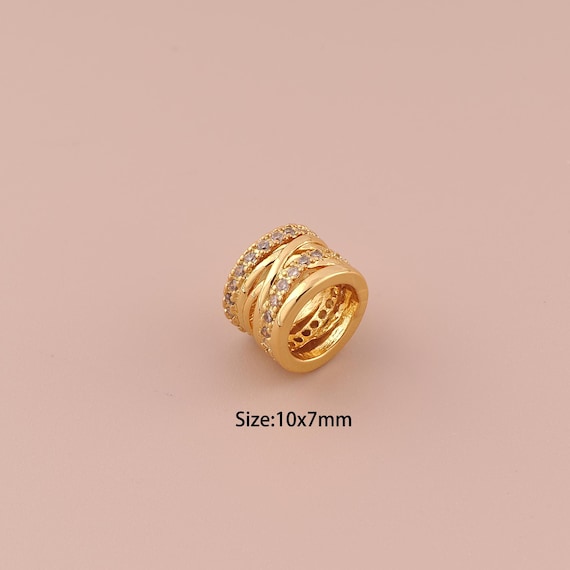 18K Gold Tube Spacer Bead,CZ Pave Minimalist Bead,Large Hole Bead for DIY Jewelry Making Supply