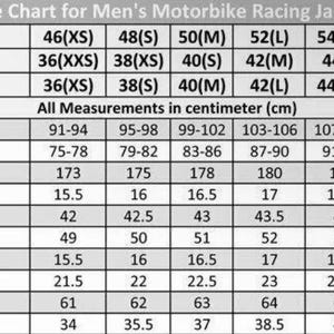 May include: Size chart for a men's motorbike racing jacket with measurements in centimeters for chest, waist, full length, shoulder, back rise, collar round, cuff round, sleeve length, and elbow round.