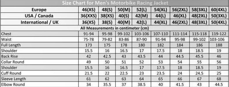 May include: Size chart for a men's motorbike racing jacket with measurements in centimeters for chest, waist, full length, shoulder, back rise, collar round, cuff round, sleeve length, and elbow round.