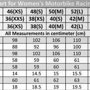 May include: Size chart for a women's motorbike racing jacket, showing measurements in centimeters for chest, waist, bottom, front length, back length, shoulder width, sleeve length, and cuff. Sizes range from XS to 4XL.
