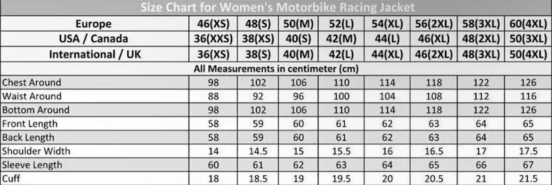 May include: Size chart for a women's motorbike racing jacket, showing measurements in centimeters for chest, waist, bottom, front length, back length, shoulder width, sleeve length, and cuff. Sizes range from XS to 4XL.