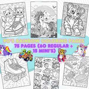 Puede incluir: Un conjunto de páginas para colorear con temática de arcoíris de los años 90. Las páginas presentan varios diseños, incluyendo un unicornio, un cachorro de tigre, gatos en un zapato, patines y coches alienígenas. El texto en la imagen dice "90's Rainbow Coloring Pages 75 Pages (60 Regular + 15 Mini's)".