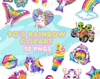 Retro jaren 90 regenboog clipartbundel - 55 png's digitale download