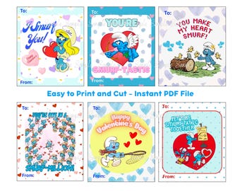 Valentine Cards Smurfs Printable - PDF Download 1980s Cartoon Kids, Classrooms, Schools, Junk Journal