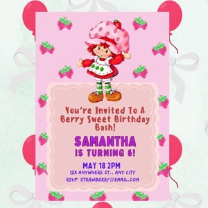 Faire-part d'anniversaire Charlotte aux fraises, fille rose, baies sucrées, modifiable imprimable, PDF, décoration de fête, carte d'anniversaire, joli rétro, tous les âges