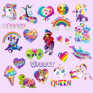 Puede incluir: Una colecci&oacute;n de pegatinas coloridas con varios dise&ntilde;os, incluyendo un arco&iacute;ris, una carita sonriente, un panda, un oso, un delf&iacute;n, un unicornio y las palabras "Peace", "Love Wins", "Groovy" y "Queen". Las pegatinas tienen un estilo vibrante y de dibujos animados.