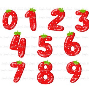 May include: A set of numbers from zero to nine, each designed to resemble a strawberry. The numbers are red with white seeds and green leafy tops, perfect for educational or decorative purposes.