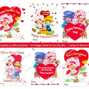 Strawberry Shortcake - Vintage Valentine Cards - Do druku - Natychmiastowe pobranie - 4 style - Idealne dla nauczycieli, dzieci i klas