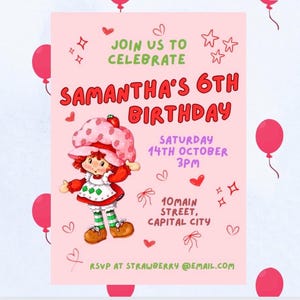 Faire-part d'anniversaire Charlotte aux fraises, fille rose modifiable, imprimable, PDF, décoration de fête d'anniversaire, mignon rétro, tous âges