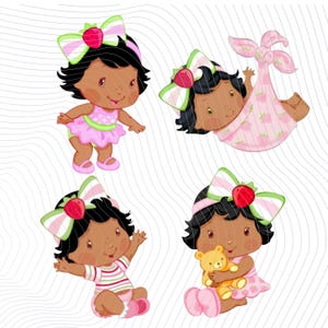Baby Strawberry Girl Clipart: Cartoon Graphic 4 PNG Black Hair (Digital Download)
