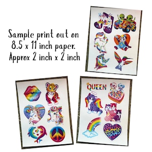 Puede incluir: Cuatro hojas de pegatinas con dise&ntilde;os coloridos. Las pegatinas incluyen im&aacute;genes de un labio arco&iacute;ris, un cachorro de tigre, un unicornio, un delf&iacute;n, un signo de la paz, un gato con alas de &aacute;ngel y un coraz&oacute;n. El texto "QUEEN" es visible.