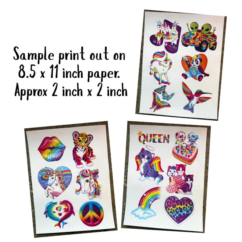 Puede incluir: Cuatro hojas de pegatinas con dise&ntilde;os coloridos. Las pegatinas incluyen im&aacute;genes de un labio arco&iacute;ris, un cachorro de tigre, un unicornio, un delf&iacute;n, un signo de la paz, un gato con alas de &aacute;ngel y un coraz&oacute;n. El texto "QUEEN" es visible.