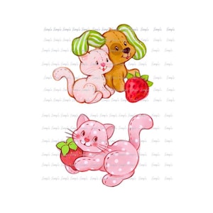 Strawberry Shortcake Cat Dog Custard Pupcake Cartoon Graphic 80s Clip Art  2 PNGs files DIY Projects Party Decor  Cute Retro Pink Digital