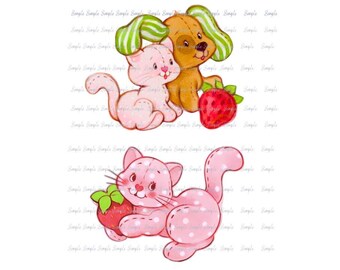Imágenes prediseñadas de gato y perro de chica fresa, dibujos animados de los 80, 2 PNG (descarga digital)