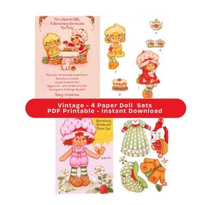 Strawberry Shortcake Vintage Paper Dolls 4 Sets Printable PDF Creative fun activity, classrooms, parents, parties. Cute, pink, arts & craft
