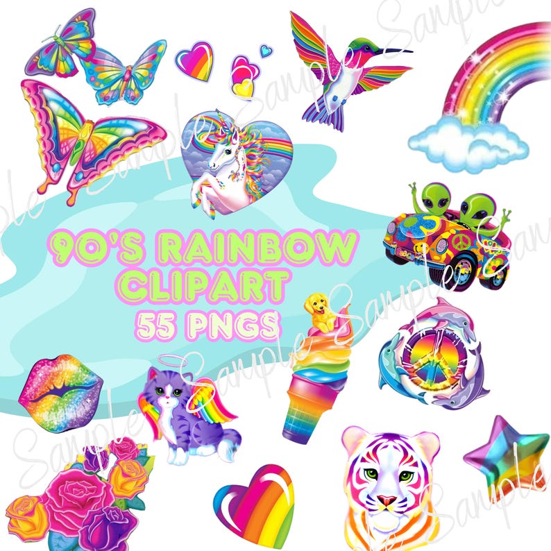 Puede incluir: Una colecci&oacute;n de im&aacute;genes predise&ntilde;adas de arco&iacute;ris de los a&ntilde;os 90. Incluye mariposas, corazones, un unicornio, un colibr&iacute;, un arco&iacute;ris, extraterrestres en un coche, un helado, un gato, un tigre y m&aacute;s. El texto dice "90'S RAINBOW CLIPART 55 PNGS".