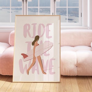 Surf Girl Poster Beachy Wall Art Printable Digital Wall Art Pink Wall Art Beach House Decor Coastal Cowgirl Decor Coastal Wall Art