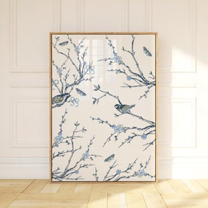 Chinoiserie Wall Art Vintage Blue Botanical Print Bird Printable Poster Digital Wall Art Living Room Wall Decor Aesthetic Chinese Wall Art