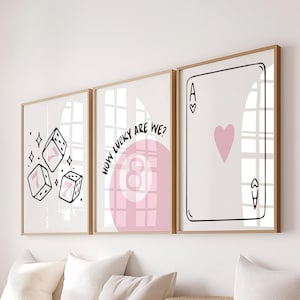 How Lucky Are We Pink Trendy Wall Art 3 Piece Wall Art 8 Ball Playing Card Print Lucky Number Dice Print Dopamine Decor Girl Dorm Decor
