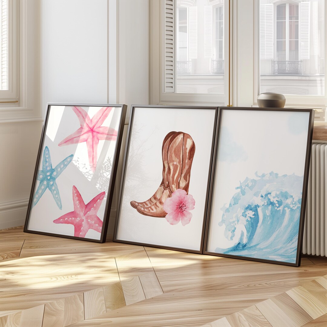 Coastal Cowgirl Wall Art Beachy Print Digital Wall Art 3 Piece Wall Art ...