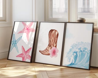 Coastal Cowgirl Wall Art Beachy Print Digital Wall Art 3 Piece Wall Art Dorm Room Decor for Beach House Print Starfish Poster Western Decor