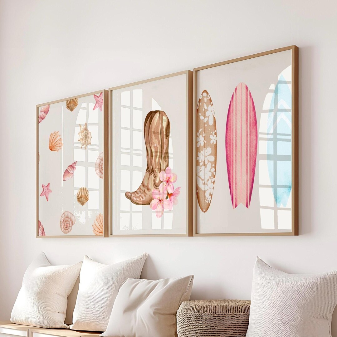 Coastal Cowgirl Decor 3 Piece Wall Art Seashell Beach Wall Art Pink ...