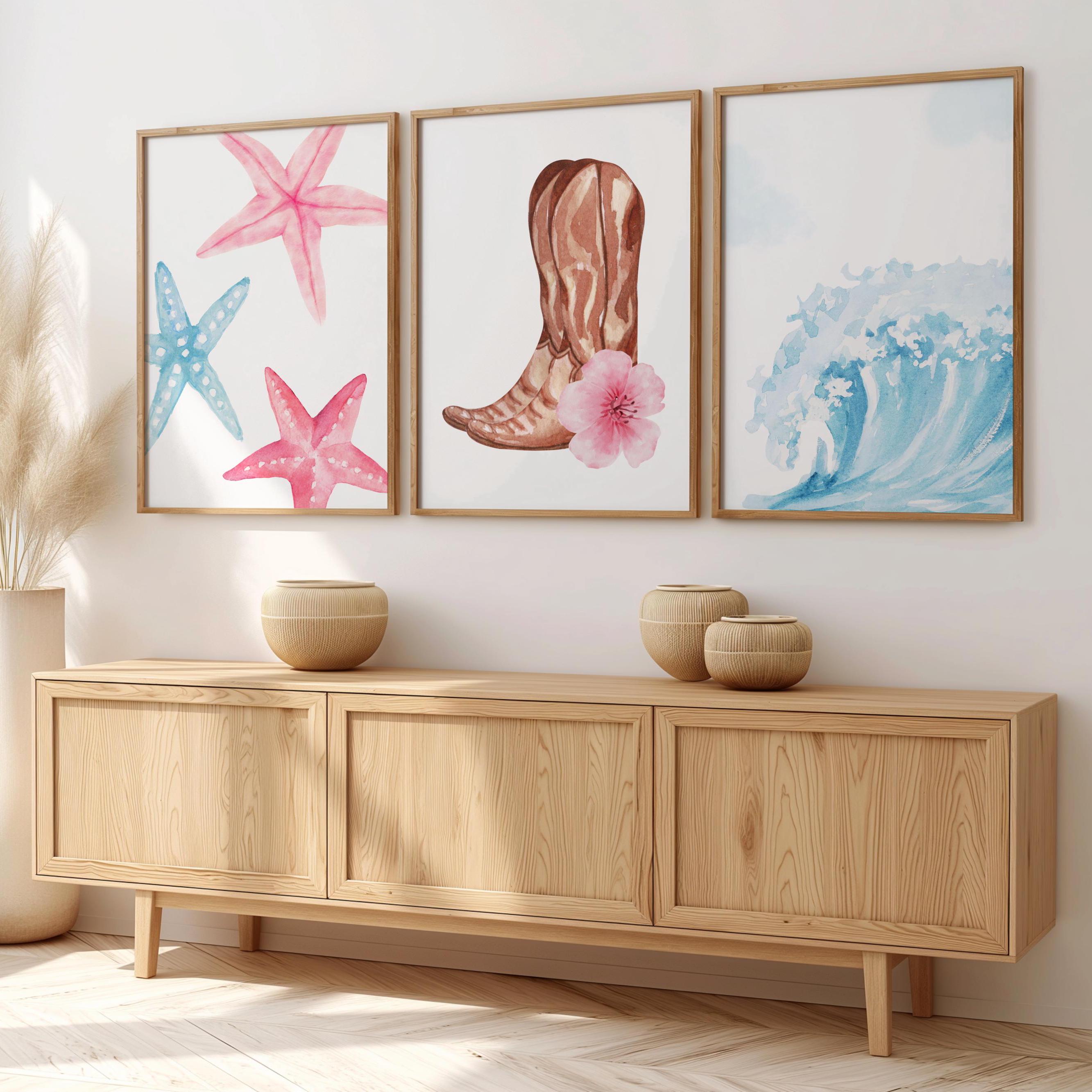 Coastal Cowgirl Decor 3 Piece Wall Art for Beachy Decor Seashell Print ...