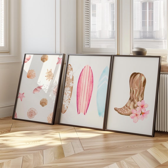 Coastal Cowgirl 3 Piece Wall Art Digital Wall Art Printable Seashell Print Beach Decor for Girl Bedroom Preppy Room Decor Pink Surf Print
