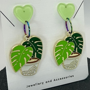 Cute potted plant drop earrings | Heart earrings | Metal charms | Enamel charms | Acrylic studs | Plant charms | Handmade jewelry