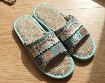 Linen Summer Slippers, Boho Retro Sandals for Unisex, Breathable House Shoes with Non-Slip PVC Sole, Open Toe Casual Flip Flops, Multicolor