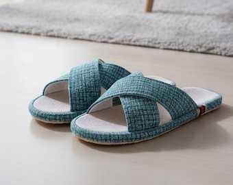 Handmade Linen House Slippers for Women, Breathable Slide Sandals, Arch Support Soft Rubber Sole, Non Slip Indoor Outdoor Summer Shoes
