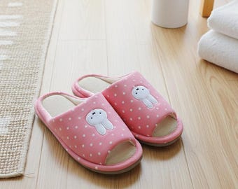 Bunny Polka Dot Linen Slippers for Women Indoor Soft Suede Sole Cute House Slippers Pink Green Brown