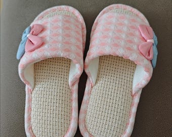 Handmade Girls Linen Slippers Toddler Bow Soft Sole House Shoes Breathable Summer Indoor Sandals Princess Baby Footwear