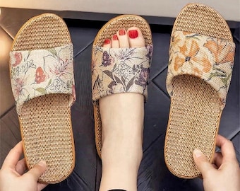 Floral Summer Open-toes Linen Slippers, Breathable Women House Shoes Sandals, Anti-Slip Comfort Footwear For Girl, Flower Striped Flip Flops