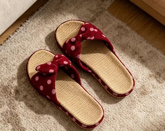 Chic Red Bow Linen Slippers - Eco-Friendly Indoor Slides - Breathable Summer House Shoes - Anti-Odor Spa Mules - Cute Gift for Her