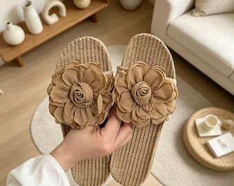 Brown Camellia Flower Linen Slide Slippers, Elegant Floral Summer House Shoes, Non Slip Thick Sole Indoor Outdoor Casual Footwear For Women