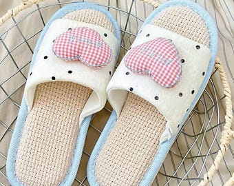 Polka Dot Heart Linen Slippers, Stitched Soft Sole Non Slip Slides, Breathable All Season Indoor Outdoor Footwear, Sweet Housewarming Gift