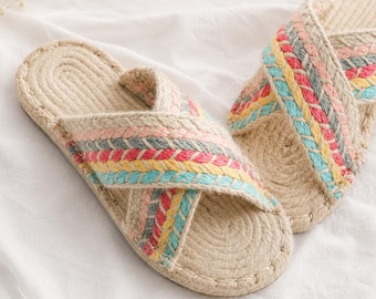 Linen Cross Strap Slippers Handmade Woven Sandals Women Summer Flat Shoes Boho Beach Casual Footwear