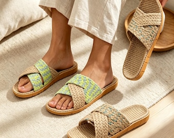 Womens Linen Woven Slippers ,Cross Strap EVA Sole ,Indoor Anti Slip House Slides,Comfortable Sandals