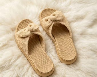 Bow Embroidery Linen Slippers, Antibacterial Fiber House Shoes, Non Slip EVA Sole Indoor Slides, Minimalist Home Footwear,Slippers For Women