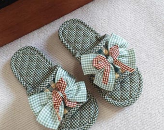 French Canvas Sole Slippers Vintage Red Green Kids Indoor Shoes Soft Cotton Non Slip House Shoes for Children