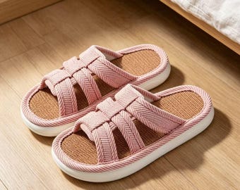Woven Cross Strap Linen Slippers, Breathable Rubber TPR Sole, Silent Indoor House Shoes, Non Slip Home Footwear, Casual Daily Linen Shoes